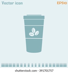 Disposable coffee cup icon with coffee beans, Vector illustratio
