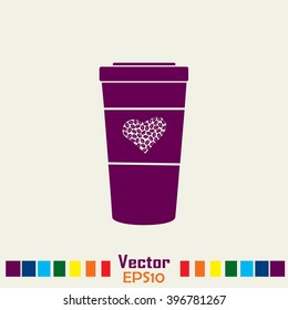 Disposable coffee cup icon with coffee beans, Vector illustratio
