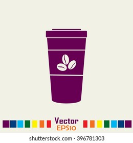 Disposable coffee cup icon with coffee beans, Vector illustratio
