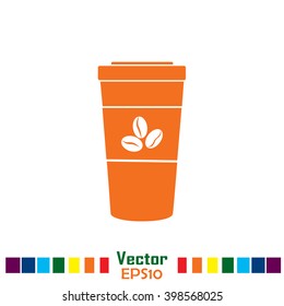 Disposable coffee cup icon with coffee beans, Vector illustratio