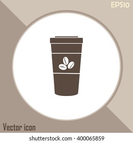 Disposable coffee cup icon with coffee beans, Vector illustratio