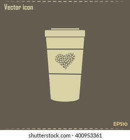 Disposable coffee cup icon with coffee beans, Vector illustratio