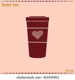 Disposable coffee cup icon with coffee beans, Vector illustratio