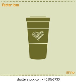 Disposable coffee cup icon with coffee beans, Vector illustratio