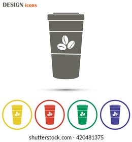 Disposable coffee cup icon with coffee beans, Vector illustratio