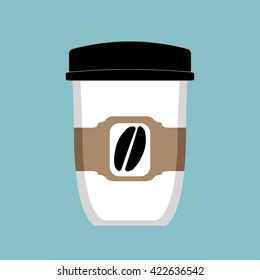 Disposable coffee cup icon with coffee beans logo, Vector illustration flat design with long shadow.