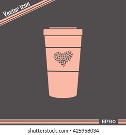 Disposable coffee cup icon with coffee beans, Vector illustratio