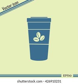 Disposable coffee cup icon with coffee beans, Vector illustratio