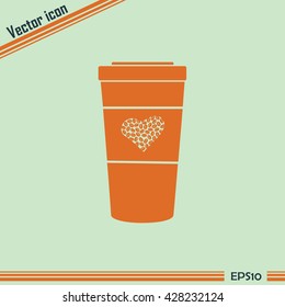 Disposable coffee cup icon with coffee beans, Vector illustratio