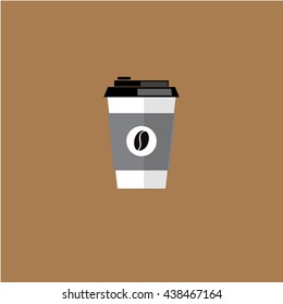 Disposable coffee cup icon with coffee beans logo, Vector illustration flat design with long shadow.