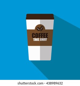Disposable coffee cup icon with coffee beans and message logo, Vector illustration flat design with long shadow.
