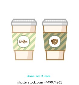 Disposable coffee cup icon with coffee beans logo. Vector illustration flat design.