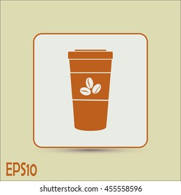 Disposable coffee cup icon with coffee beans, Vector illustratio