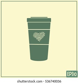 Disposable coffee cup icon with coffee beans, Vector illustratio
