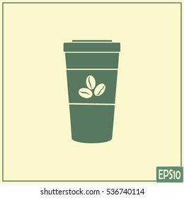 Disposable coffee cup icon with coffee beans, Vector illustratio