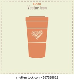 Disposable coffee cup icon with coffee beans, Vector illustratio