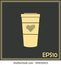 Disposable coffee cup icon with coffee beans, Vector illustratio