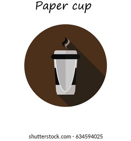 Disposable coffee cup icon with coffee beans logo, Vector illustration flat design with long shadow.