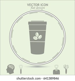 Disposable coffee cup icon with coffee beans, Vector illustratio