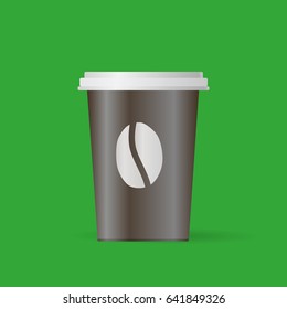 Disposable coffee cup icon with coffee beans logo, Vector illustration. Green background.