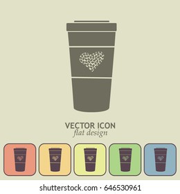 Disposable coffee cup icon with coffee beans, Vector illustratio