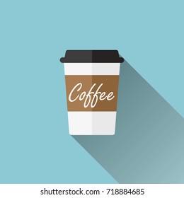 Disposable coffee cup icon - flat design illustration with long shadow, vector
