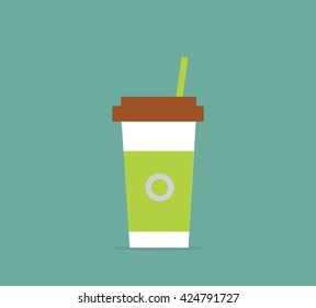 Disposable coffee cup icon with coffee logo and with the green label. Coffee to go. Vector illustration