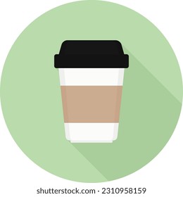 Icono de taza de café desechable con sombra larga sobre fondo verde, estilo de diseño plano