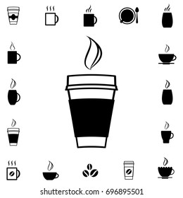 Disposable coffee cup icon on water drops background. Drink or beverage in plastic cup. Vector illustration