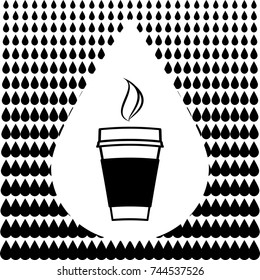 Disposable coffee cup icon on water drops background. Drink or beverage in plastic cup. Vector illustration