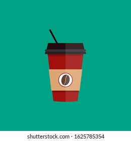 Disposable coffee cup icon with plastic straws and coffee beans logo. Vector illustration flat design. Perfect for coffee shop, stories, banner, flyer, website and social media.