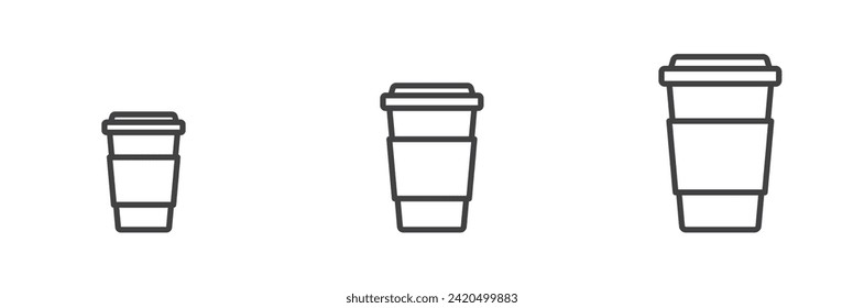 Disposable coffee cup icon in S, M, and L sizes, representing on-the-go convenience and recyclability. Ideal for branding. Also, "Coffee to go S M L sizes simple thin line icon vector."