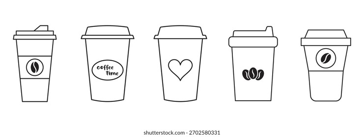 Disposable coffee cup icon set. Coffee to go, takeaway paper cup symbol. Editable stroke. Vector illustration.