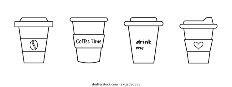 Conjunto de ícone descartável xícara de café. Café para ir, tomar símbolo de xícara de papel. Traçado editável. Ilustração vetorial.