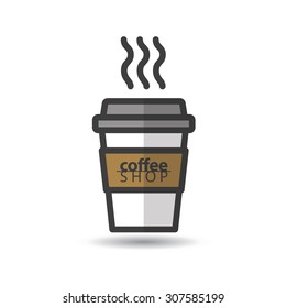 Disposable Coffee Cup Icon With Coffee Shop Logo. Vector, Flat Design