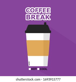 EinwegKaffeetasse Icon mit Textkaffeepause, Vektorillustration-Illustrationsflaeche mit langer Schatten