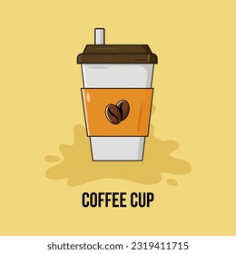 Disposable coffee cup icon vector illustration on brown background. Coffee cup logo.