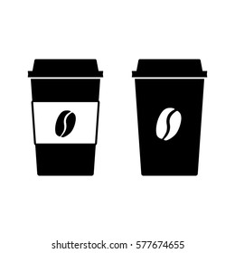 Disposable coffee cup icons. Paper cups with lid and coffee bean sign. Vector Illustration