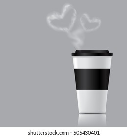 Disposable coffee cup illustration with blue cap, cup holder, steam, and shadow on gray background. To go vector coffee cup.