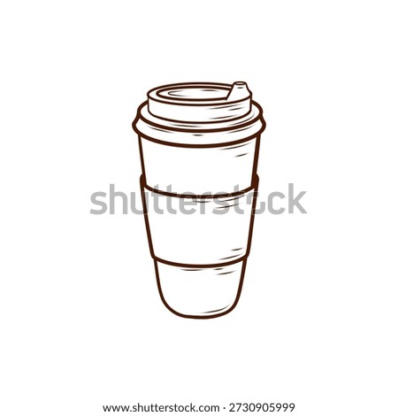 Disposable coffee cup with a lid and protective seal. Vector illustration in a line art style. Clean brown lines, isolated on a white background. Suitable for menus, packaging, cafes, coffee shops, fast food, culinary projects, logos, and design materials.