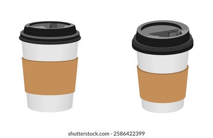 disposable coffee cup with lid set in different view, vector illustration isolated on white background.