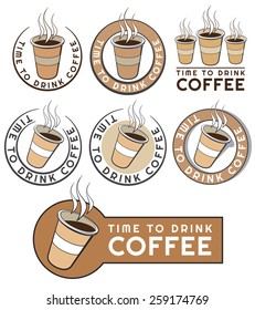 Disposable coffee cup logo design with text template. Set. Vintage badge. Vector illustration