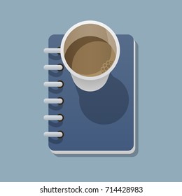 Disposable coffee cup and notepad is on a flat surface and casts a shadow on it. View from above. Vector illustration in a trendy flat style