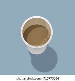 Disposable Coffee Cup Is On A Flat Surface And Casts A Shadow On It. View From Above. Vector Illustration In A Trendy Flat Style