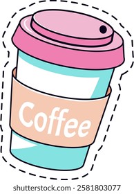 Disposable coffee cup with pink lid and protective sleeve with dashed line, ideal for representing coffee breaks, takeout beverages, and modern cafe culture