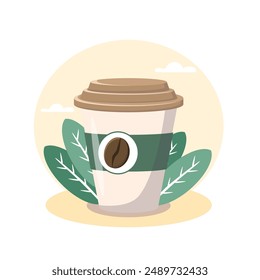 Disposable coffee cup standing on abstract background with green leaves illustration