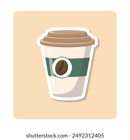 Disposable coffee cup standing on abstract background with green leaves illustration