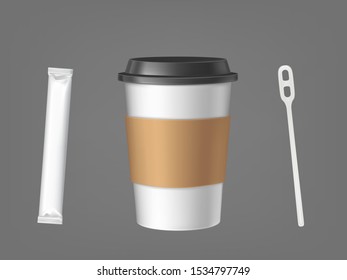 Disposable coffee cup with stick and sugar pack set isolated on grey background, plastic mug with cap and cardboard holder, design elements for advertising. Realistic 3d vector illustration, clip art