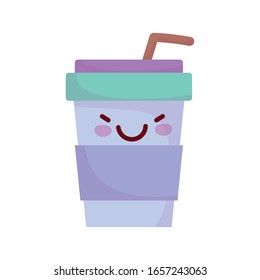 disposable coffee cup with straw cartoon food cute vector illustration line and fill style