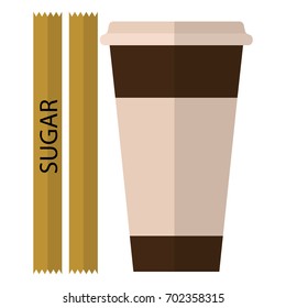 Disposable coffee cup with sugar flat icon, vector sign, colorful pictogram isolated on white. Symbol, logo illustration. Flat style design